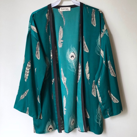 Teal Boho Feather Print Kimono Cardigan - Picture 2 of 7